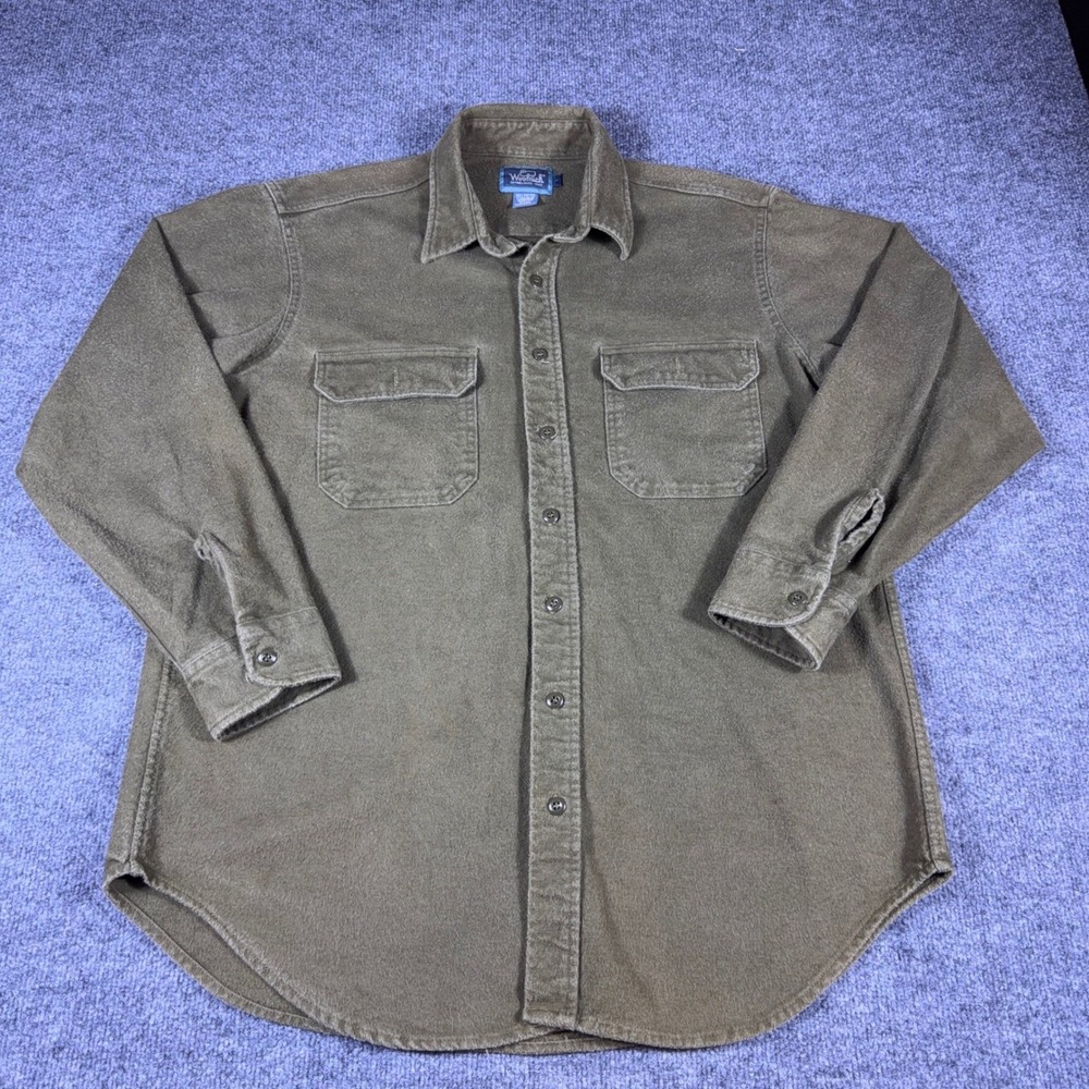 Woolrich Mens Large Olive Green Chamois Cotton Button Down‎ Work Shirt Flannel L